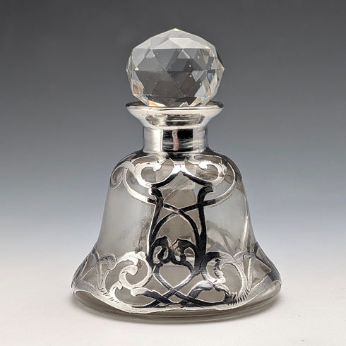 Antique American Art Nouveau Silver Overlay Glass Miniature Perfume Bottle